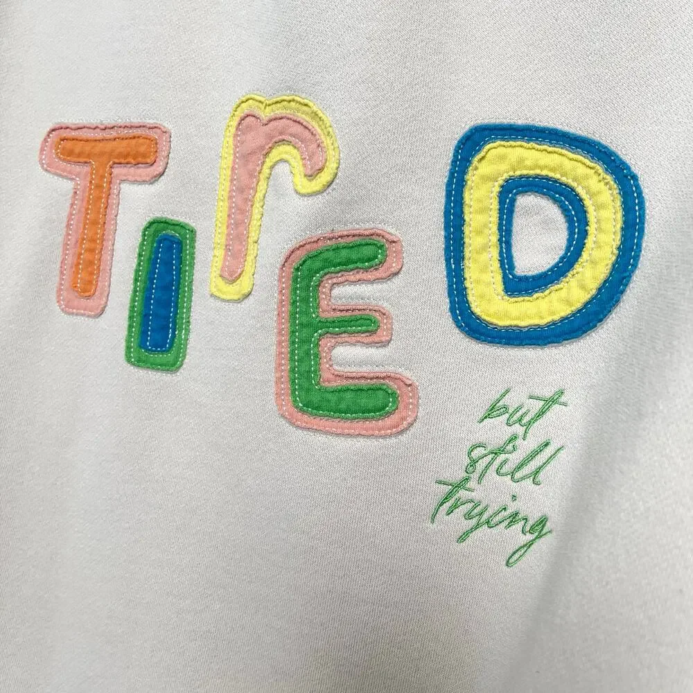 SEE THE WAY I SEE “Tired” Appliqué Sweatshirt Medium Oversized Beige Crewneck - Picture 3 of 10